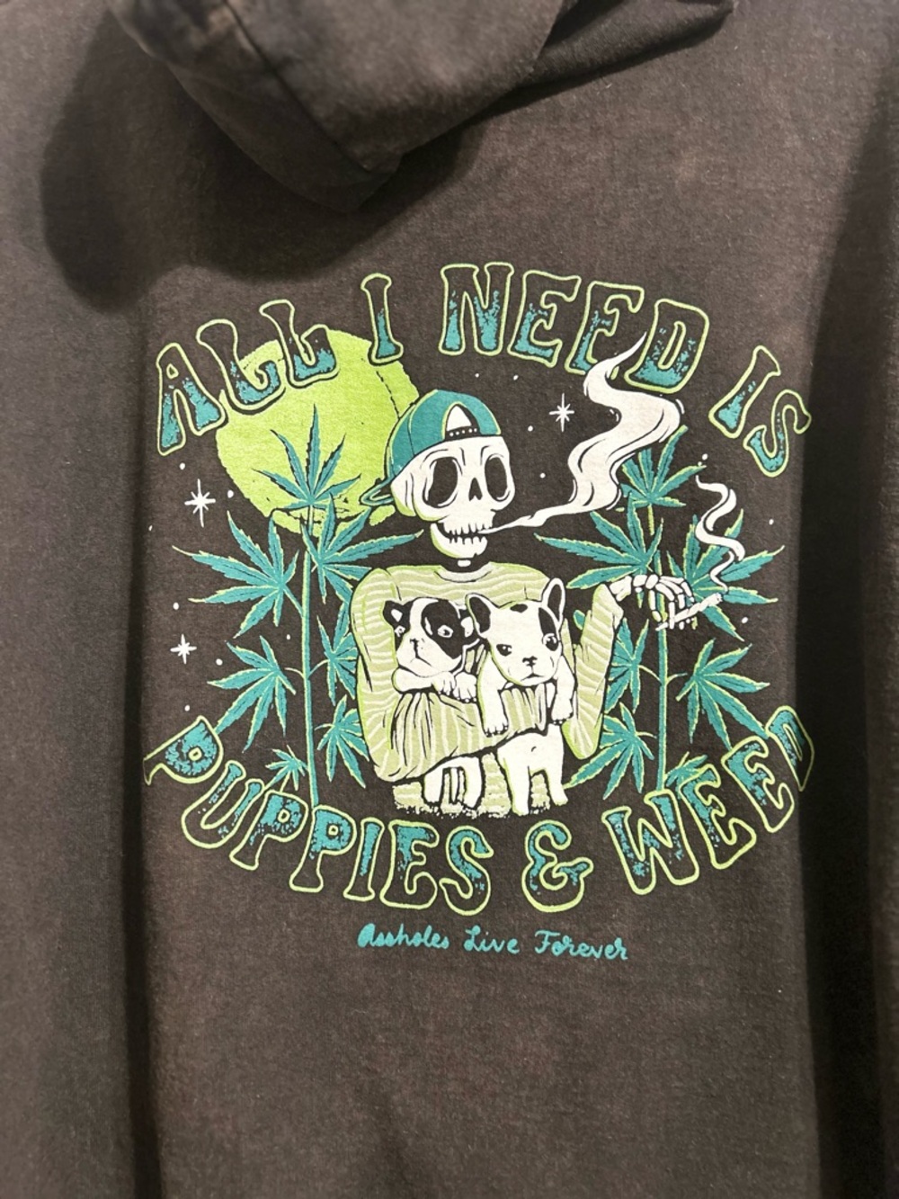 Black Graphic Hoodie All I Need Is Puppies & Weed print black sweatshirt large - Picture 5 of 8